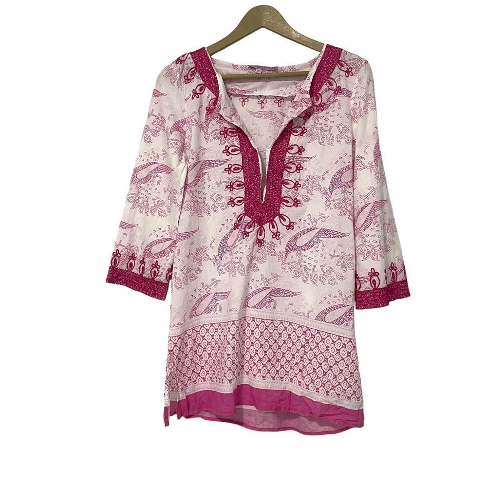 Calypso St Barth White Hot Pink Embroidered Tunic‎ Top Size XS Beach Preppy Boho